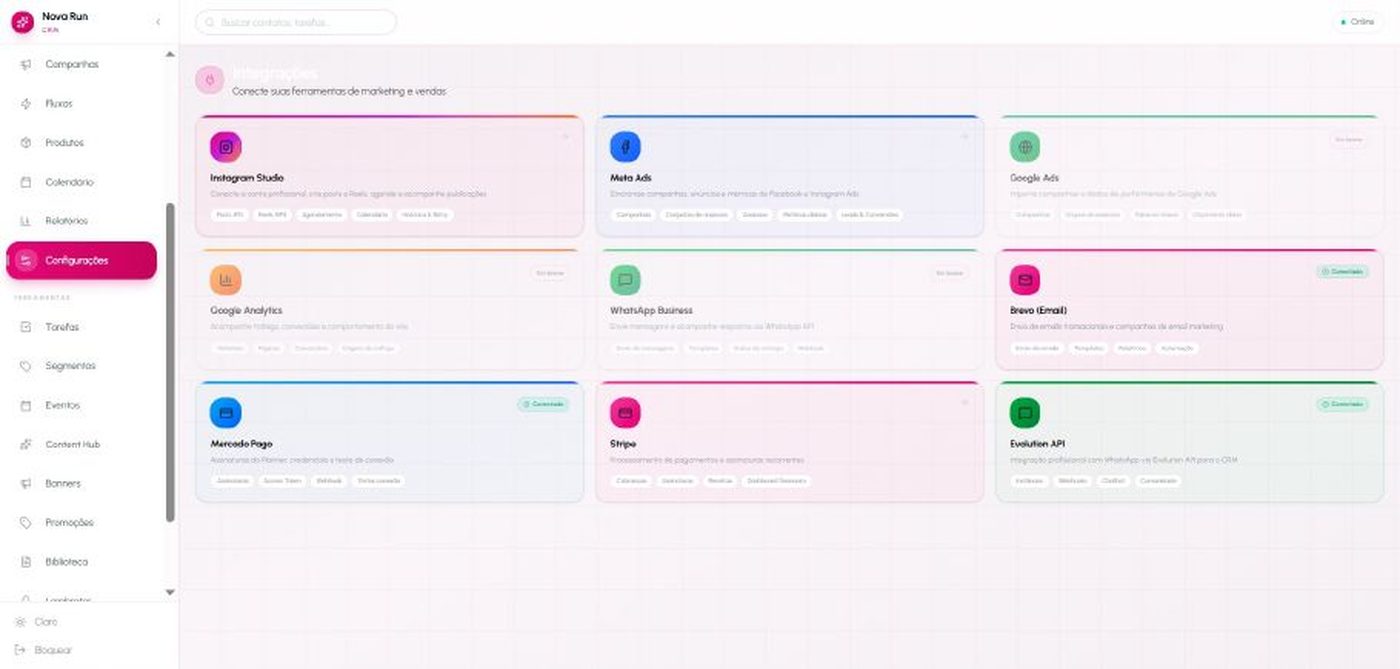 Tela de integrações do CRM Nova Run